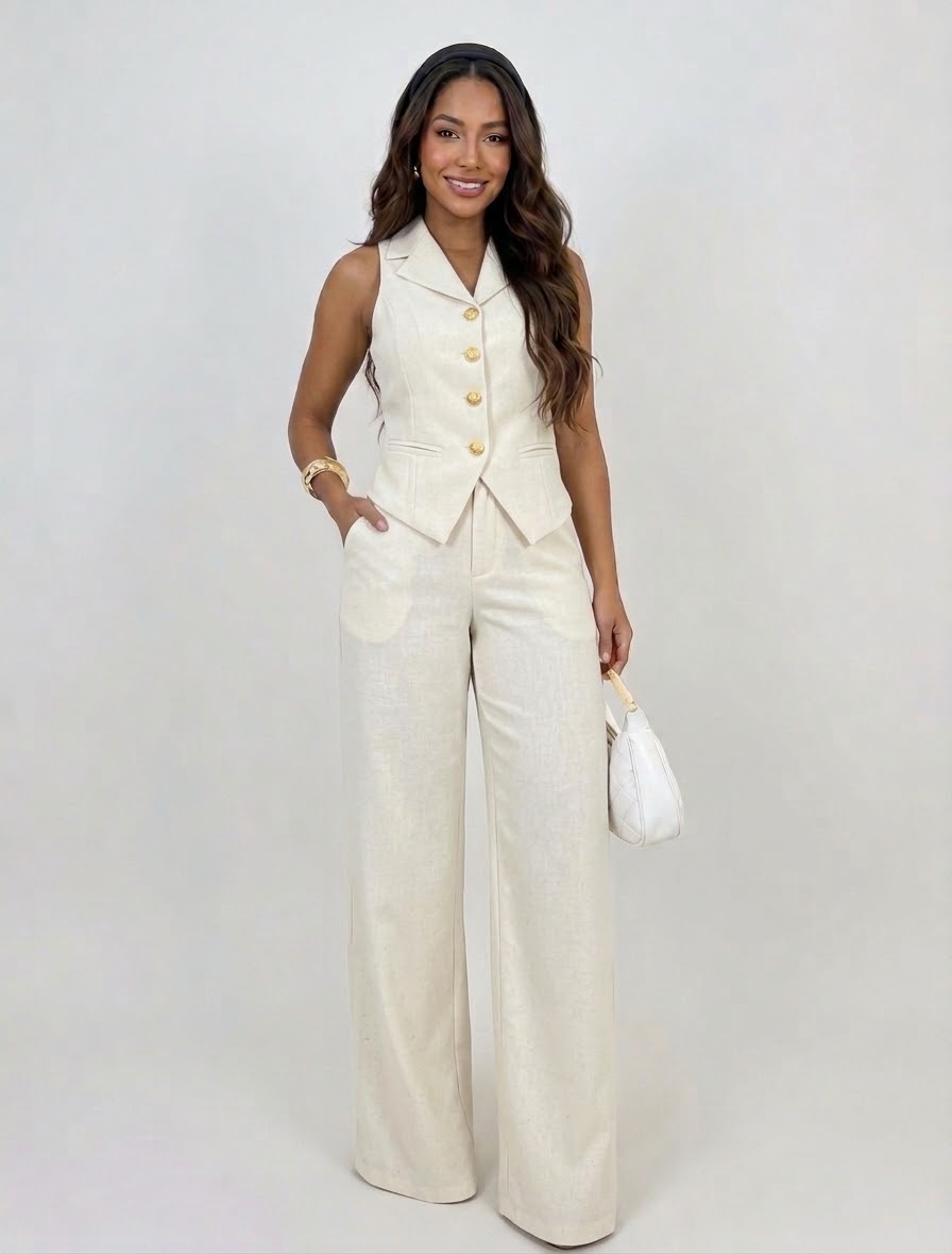 Conjunto Feminino de Alfaiataria em Twill – Colete + Calça com Botões Dourados