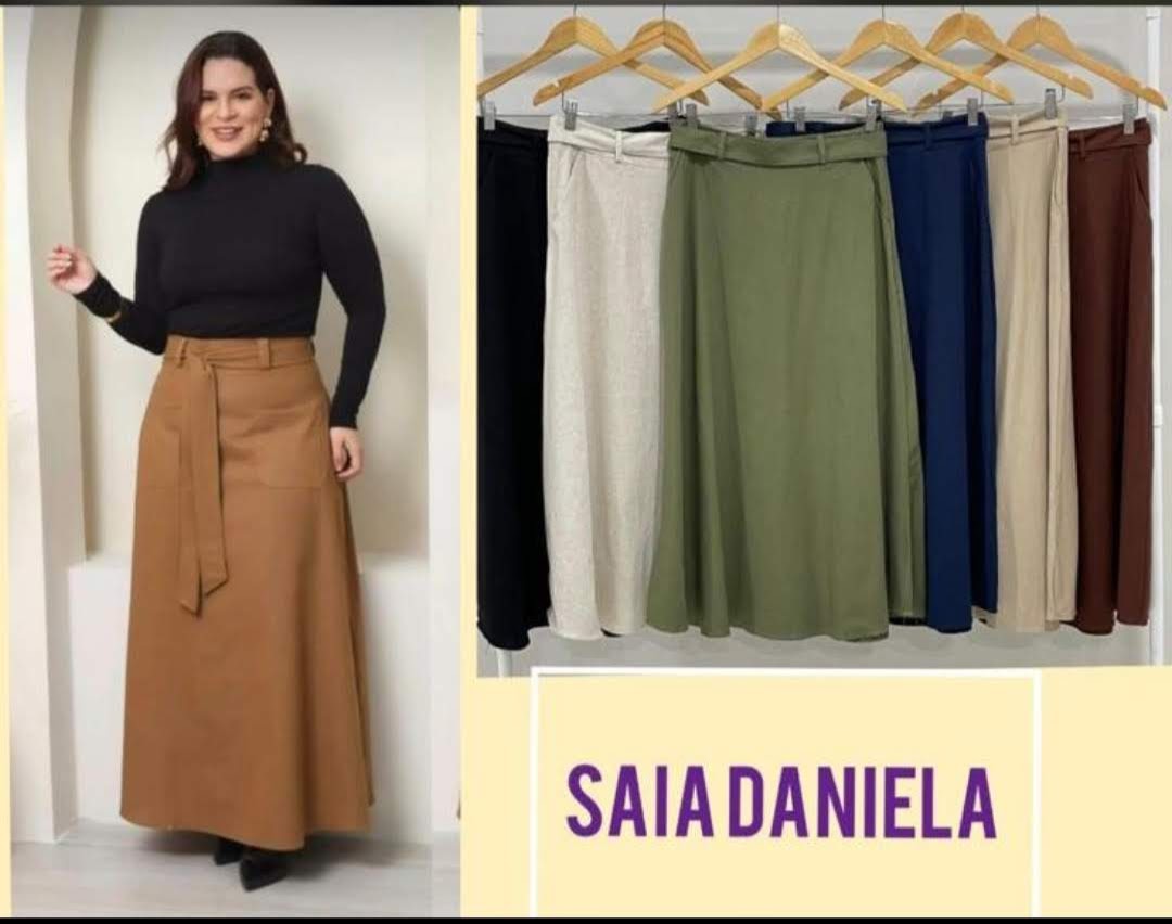 Saia Daniela Longa em Linho com Elastano – Cinto e Bolsos Laterais