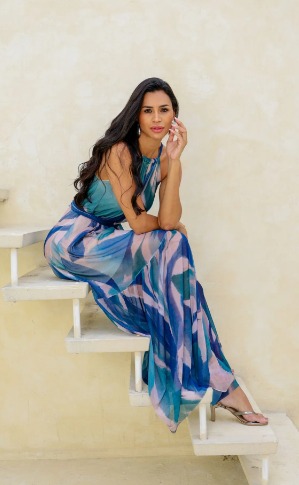 Vestido Longo Tule Yasmim Estampa Azul 