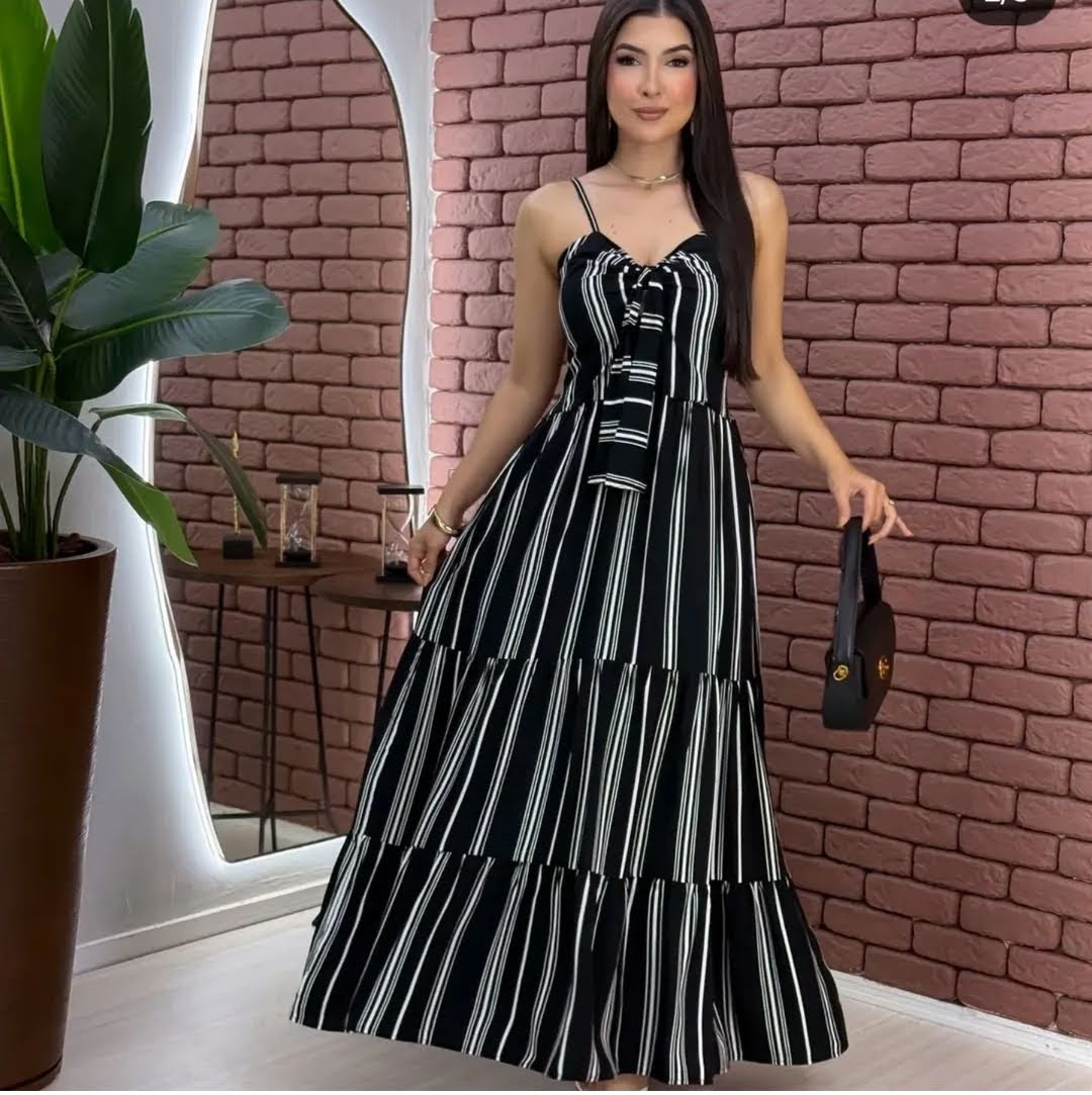 Vestido Longo de Alça Listrado em Viscose ✨